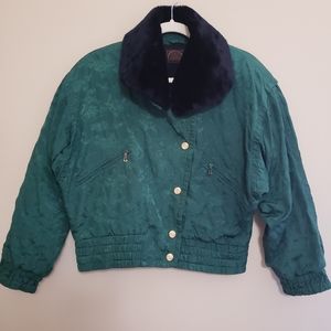 Vintage Bogner Womens Dark Green Evening Jacket Bomber Fur Collar Sz 4 Oversize